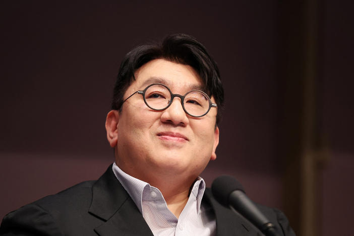 Bang Si-hyuk, chairman of HYBE, speaks during a debate hosted by the Kwanhun Club in Seoul, South Korea, on March 15.