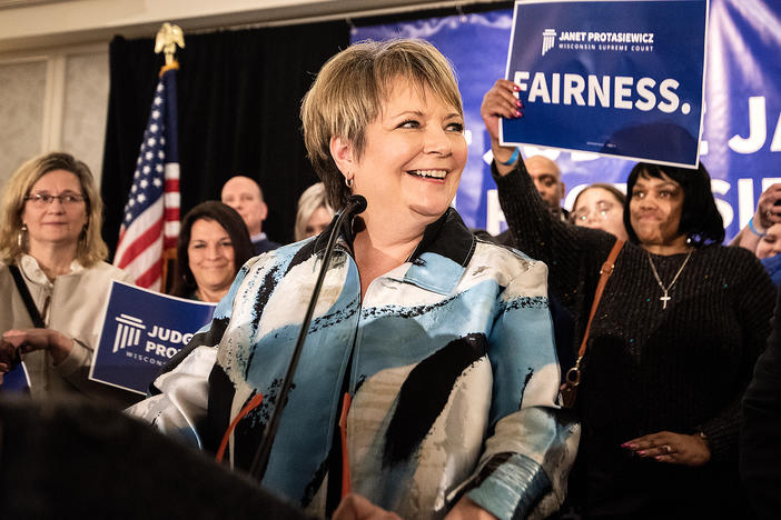 Judge Janet Protasiewicz delivers her victory speech after winning a seat on the Wisconsin Supreme Court on Tuesday, April 4, 2023, in Milwaukee, Wis.