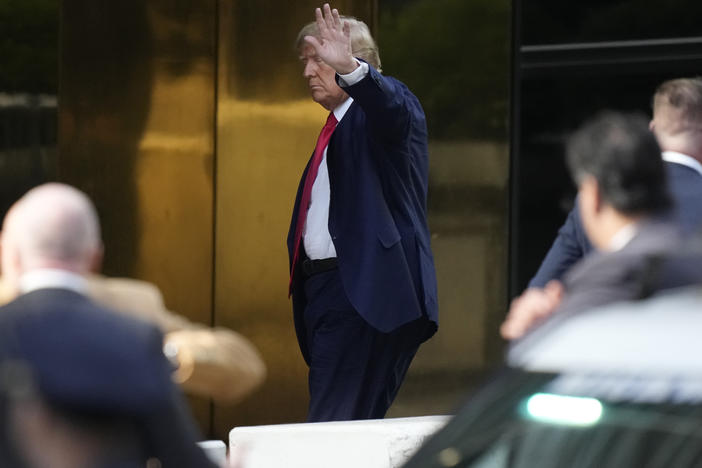 Former president Donald Trump arrives at Trump Tower in New York on Monday, a day before his arraignment.