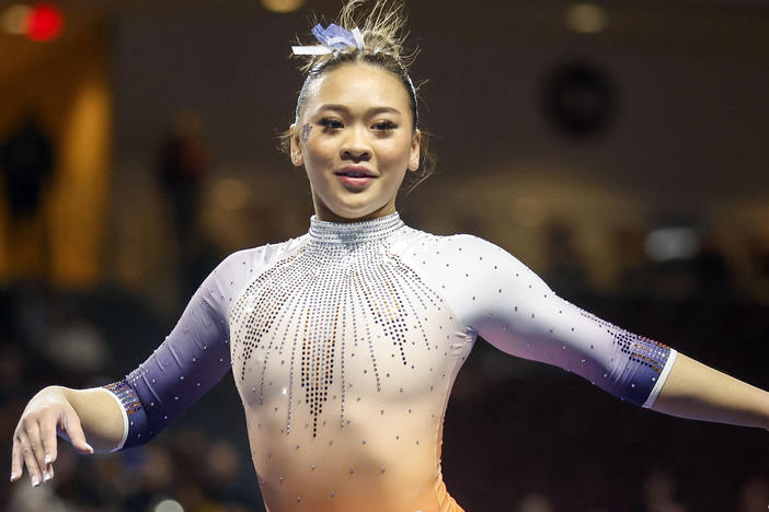 Auburn University's Sunisa Lee competes on the floor exercise during an NCAA gymnastics meet on Jan. 7 in Las Vegas.
