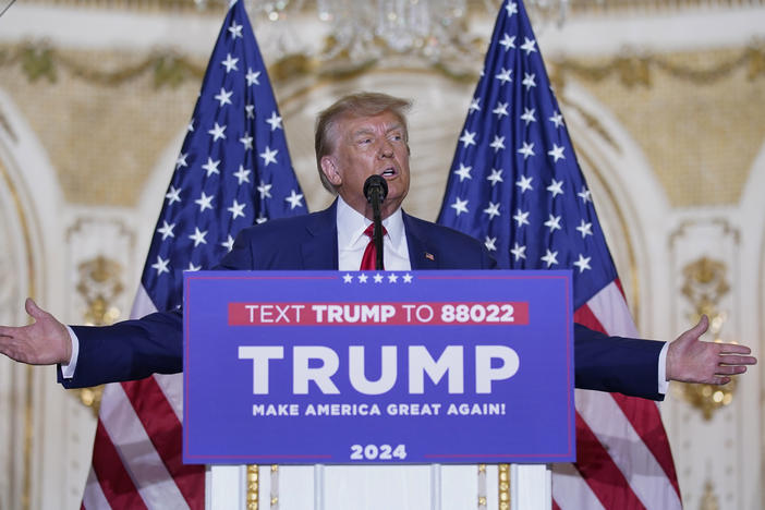 Former President Donald Trump speaks at his Mar-a-Lago estate Tuesday, April 4, 2023, in Palm Beach, Fla., after being arraigned earlier in the day in New York City.