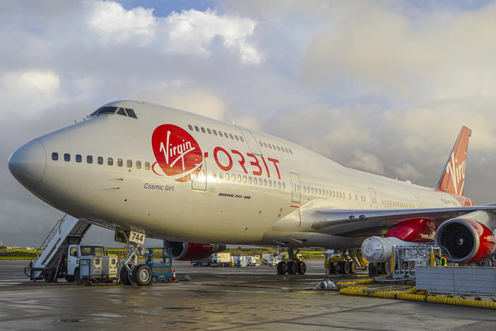 Cosmic Girl, a modified Boeing 747 used by Virgin Orbit, is seen in November 2022 in Newquay, England.