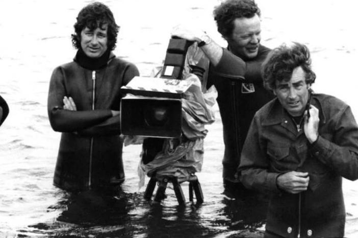 Director Steven Spielberg, camera operator Michael Chapman and cinematographer Bill Butler on the set of the Universal Pictures production of 'Jaws' in 1975.