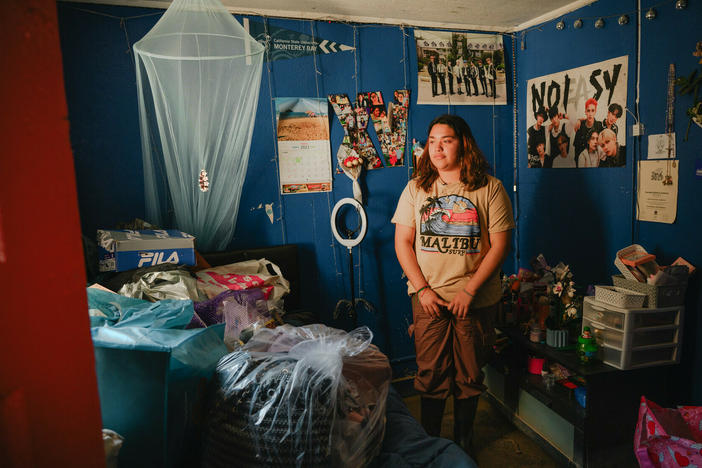 Climate activist and Pajaro Valley High School senior Denia Escutia, 18, looks around a mud-coated bedroom in Pajaro, California on March 24, 2023. Days earlier, residents began returning to their homes after a levee breach flooded the area several weeks earlier.