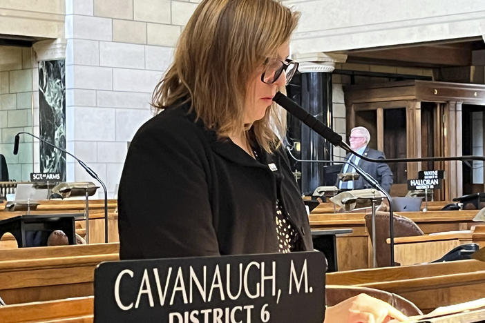 State Sen. Machaela Cavanaugh speaks before the Nebraska Legislature in March as part of an effort to filibuster every bill that comes before the legislature this session.
