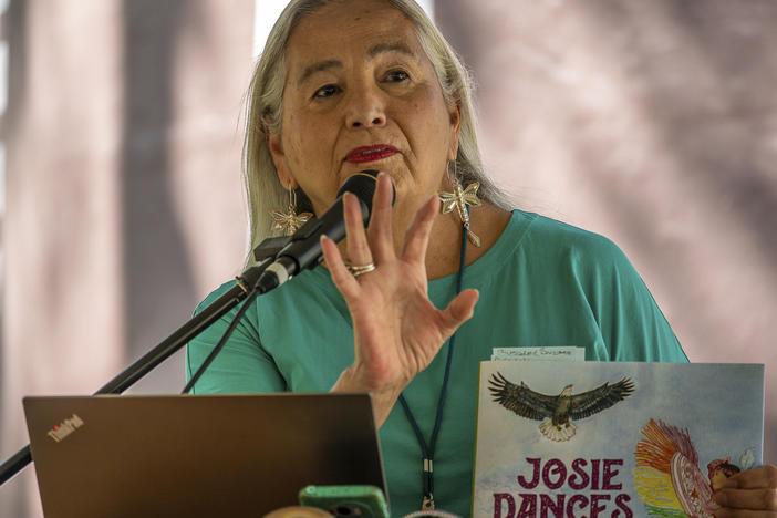 Denise Lajimodiere speaks at the Minnesota Children's Book Festival in Red Wing, Minn., on Sept. 18, 2021. This week, Lajimodiere became the first Native American state poet laureate in North Dakota's history.