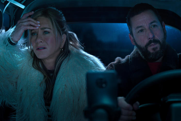 Jennifer Aniston as Audrey Spitz and Adam Sandler as Nick Spitz in <em>Murder Mystery 2.</em>