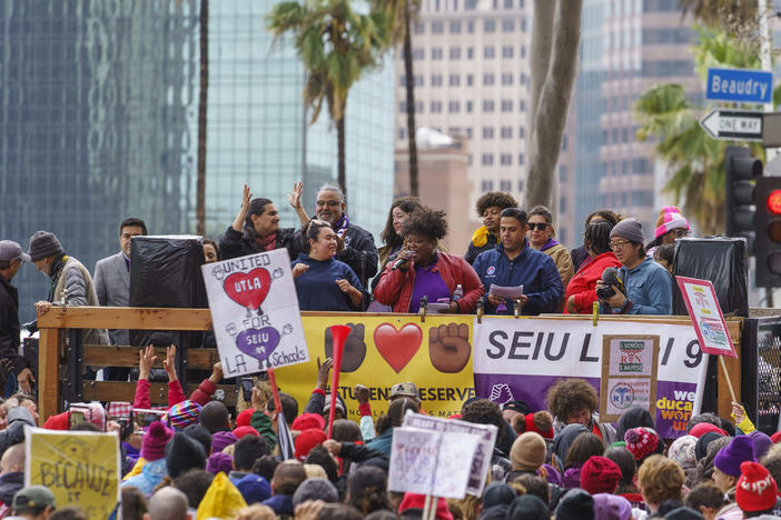 Union leaders address thousands of Los Angeles Unified School District teachers and Service Employees International Union 99 members during a rally outside the LAUSD headquarters in Los Angeles on March 21, 2023.