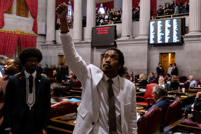 Democratic state Rep. Justin Jones of Nashville gestures during a vote on his expulsion from the state legislature at the State Capitol Building on April 6, 2023 in Nashville, Tenn. Monday, the Nashville Metro Council voted to temporarily reinstate Jones to House District 52.