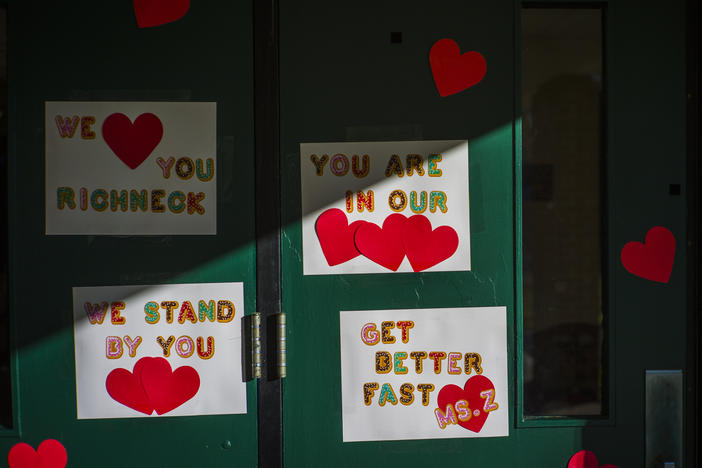 Messages of support for teacher Abby Zwerner, who was shot by a 6-year-old student, grace the front door of Richneck Elementary School Newport News, Va. on Jan. 9, 2023. Zwerner said Monday, March 20, that she has had four surgeries and has gone through a challenging recovery.