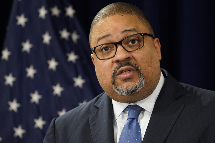 Manhattan District Attorney Alvin Bragg speaks at a press conference after the arraignment of former President Donald Trump in New York on April 4.