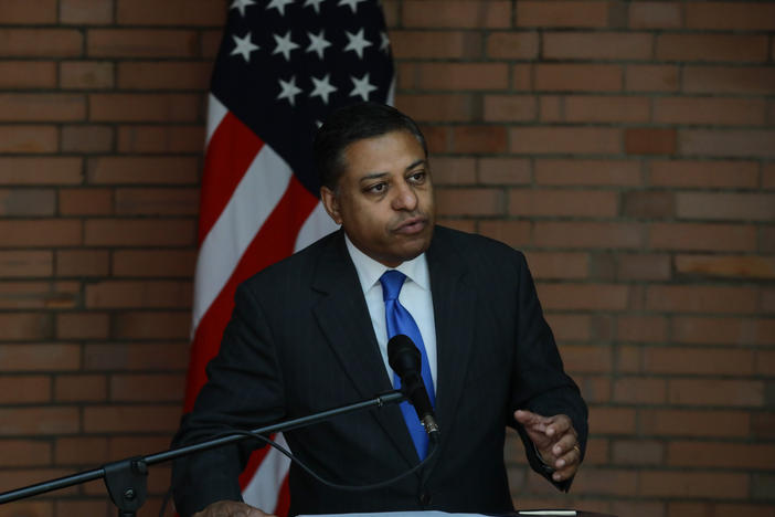 Dr. Rahul Gupta, director of the White House Office of National Drug Control Policy, speaks at a press conference at the Superior Council of the Judiciary in Bogota, Colombia on Aug. 23, 2022.