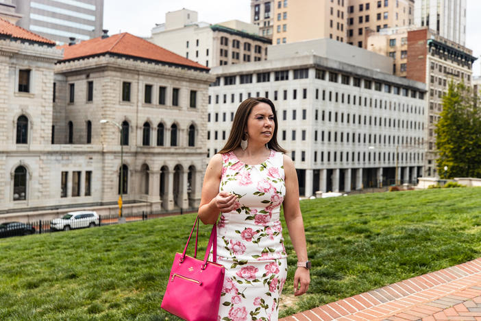 Blair Dacey, who was pardoned after a second-degree murder conviction, is photographed on April 6 at the Virginia State Capitol in Richmond. Dacey is seeking to have her voting rights restored in the state.