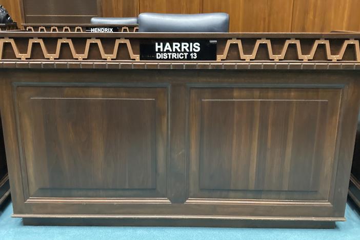 The desk used by Arizona Republican Rep. Liz Harris at the state Capitol in Phoenix stands empty moments after she was expelled from the Legislature on Wednesday.