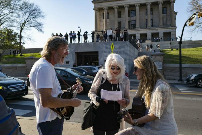 Sam Bush, Emmylou Harris and Margo Price outside Nashville's Legislative Plaza (now colloquially known as People's Plaza or Ida B. Wells Plaza) for Justin Jones' reinstatement to the state Legislature.