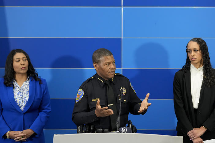 San Francisco Police chief Bill Scott provides an update on the homicide investigation of Robert Lee during a news on Thursday as Mayor London Breed (left) and city District Attorney Brooke Jenkins look on.