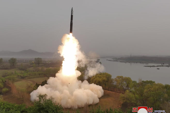 This photo provided April 14, 2023, by the North Korean government, shows what it says is the test-launch of Hwasong-18 intercontinental ballistic missile Thursday, April 13, 2023 at an undisclosed location, North Korea.