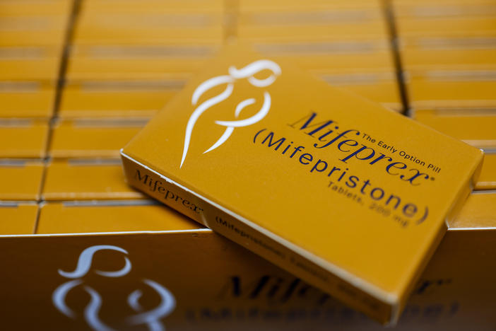Packages of Mifepfex, the brand-name version of mifepristone, seen at a family planning clinic in Rockville, Md.