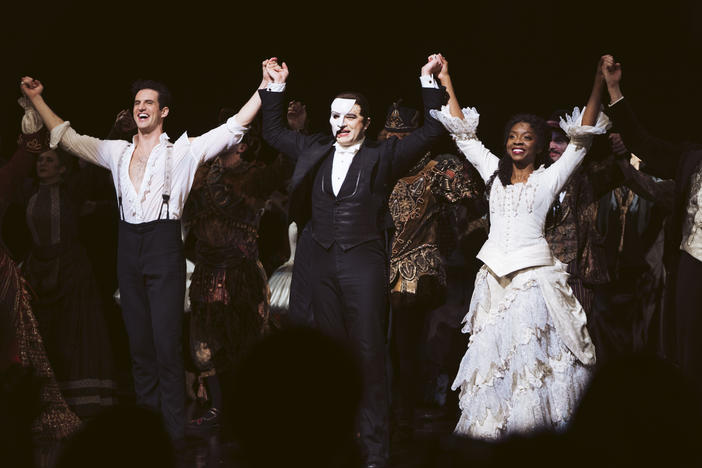 John Riddle as Raoul (left), Ben Crawford as The Phantom and Emilie Kouatchou as Christine at Broadway's 34th anniversary performance of <em>The Phantom of the Opera. </em>The last performance of the long-running hit musical will be on Sunday, April 16.