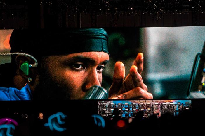 Frank Ocean is seen on the display screen during his headlining set on the Coachella stage Sunday during the festival's opening weekend.