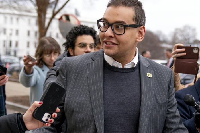 U.S. Rep. George Santos, R-N.Y., leaves a House GOP conference meeting on Capitol Hill in Washington, Jan. 25, 2023.