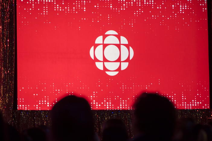 The Canadian Broadcasting Corporation logo is projected onto a screen on May 29, 2019, in Toronto.