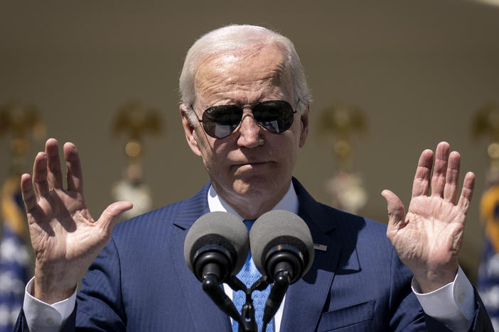 President Biden speaks at an event in the Rose Garden of the White House on April 18.