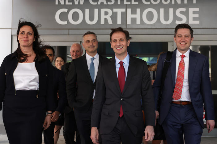 Dominion Voting Systems CEO John Poulos, third from right, leaves with members of his legal team, including Davida Brook, left, Justin Nelson, third from left and Stephen Shackelford, right, from the Leonard Williams Justice Center in Wilmington, Del., shortly after Dominion reached a $787.5 million settlement with Fox News.