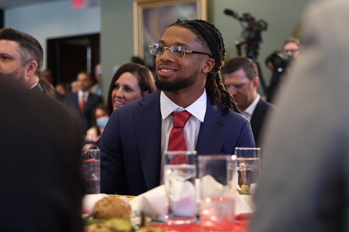 Damar Hamlin attends an event with lawmakers to introduce the Access to AEDs Act on March 29, 2023 in Washington, DC.