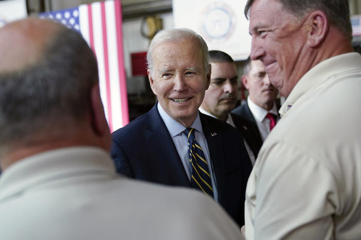 President Biden shakes hands with union members after giving a speech about his economic agenda at a union hall in Accokeek, Md., on April 19.