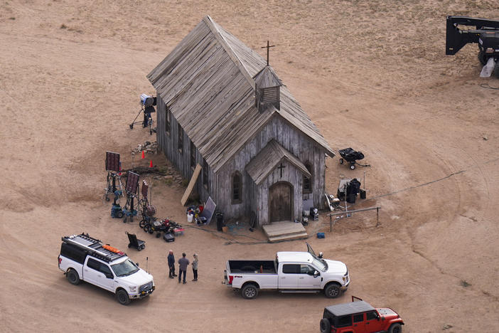 This aerial photo shows the movie set of "Rust" at Bonanza Creek Ranch in Santa Fe, N.M., on Oct. 23, 2021. Filming on the Western movie could resume this week in Montana, the production company said.