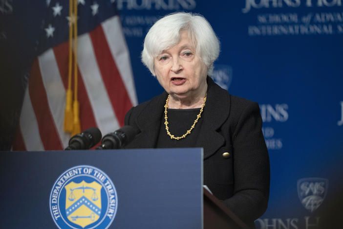 Treasury Secretary Janet Yellen speaks on the U.S.-China economic relationship at Johns Hopkins University School of Advanced International Studies, Thursday, in Washington.