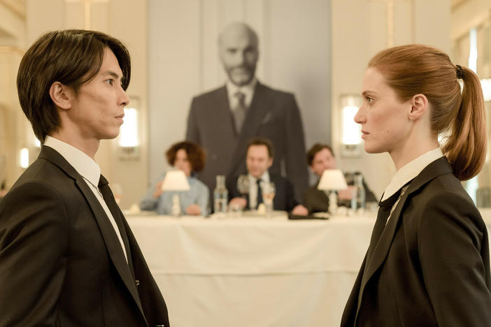 Issei (Tomohisa Yamashita) and Camille (Fleur Geffrier) compete to inherit a 87,000-bottle wine cellar worth nearly $150 million in <em>Drops of God.</em>