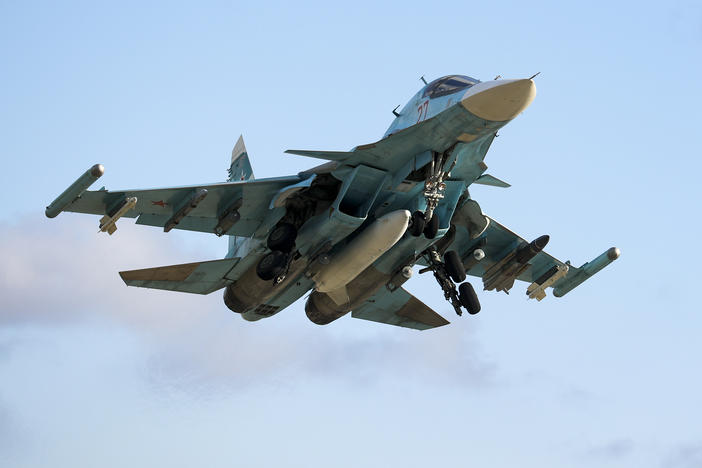 A Russian Su-34 bomber takes off for a training mission in the Krasnodar region of Russia on Jan. 19, 2022.