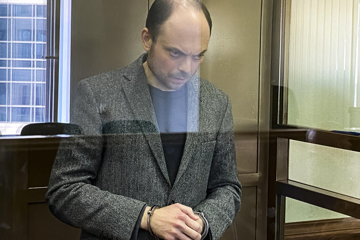 Russian opposition activist Vladimir Kara-Murza stands in a cage in a courtroom at the Moscow City Court.