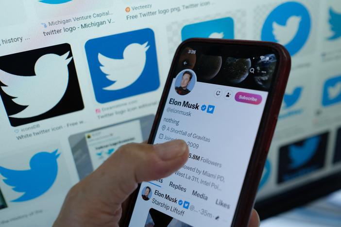 This illustration photo taken in Los Angeles on April 20, 2023, shows Elon Musk's account on a smartphone. Under Musk as CEO, Twitter has changed how it labels accounts.