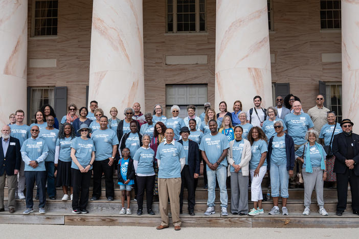 Descendants of the enslavers and the enslaved unite for a family portrait at the Arlington House, the former plantation once owned by Confederate Gen. Robert E. Lee and his wife, Mary Custis Lee.