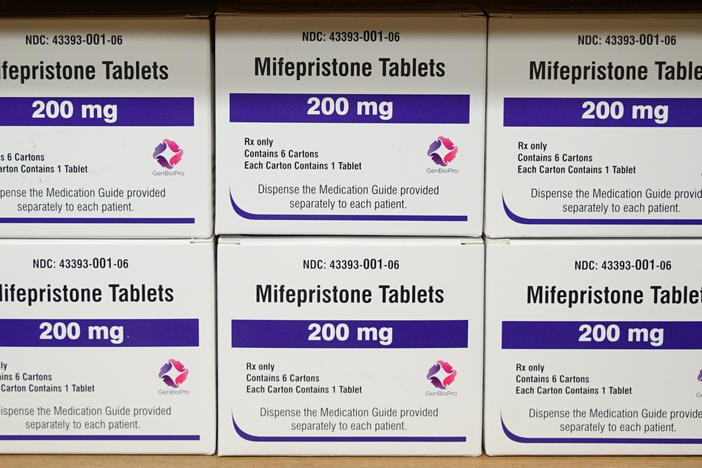 Boxes of the drug mifepristone sit on a shelf at the West Alabama Women's Center in Tuscaloosa, Ala., on March 16, 2022.