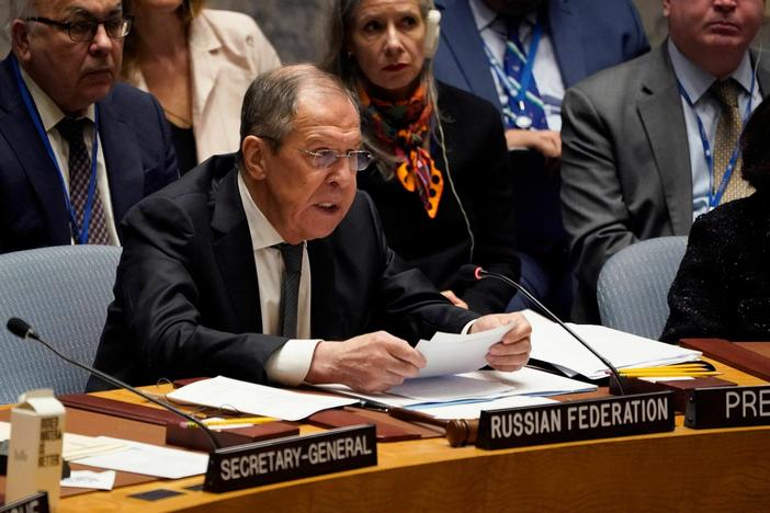 Russian Foreign Minister Sergey Lavrov chairs a United Nations Security Council meeting on defending the principles of the U.N. Charter in New York Monday.