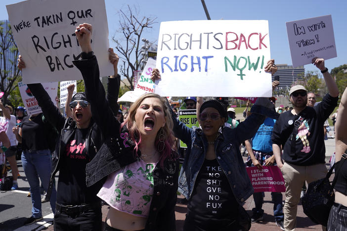 Supporters cheer up as Vice President Harris gives remarks at the Women's March in Los Angeles on April 15.