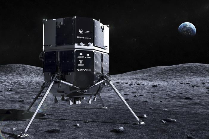This illustration provided by ispace in April 2023 depicts the Hakuto spacecraft on the surface of the moon with the Earth in the background.