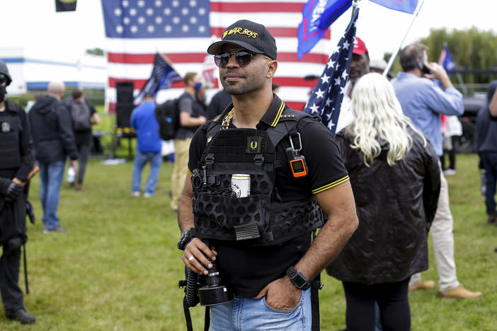 Proud Boys leader Enrique Tarrio poses for a portrait at Delta Park during a rally on Sept. 26, 2020 in Portland, Ore.