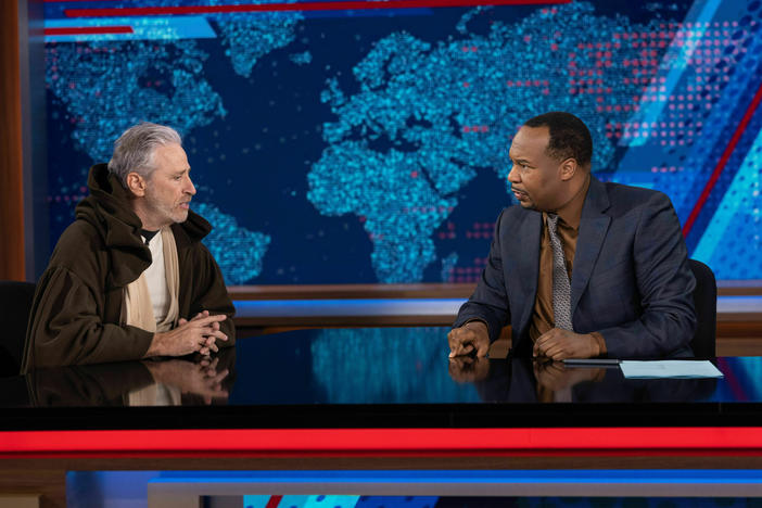 Jon Stewart (who came out dressed as <em>Star Wars</em>' Obi-Wan Kenobi) visits Roy Wood Jr. at <em>The Daily Show.</em>