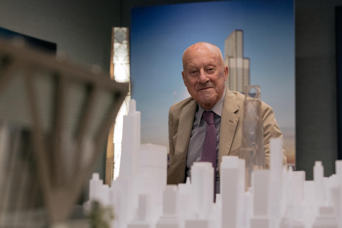 Lord Norman Foster sits for a portrait on the 42nd floor of JPMorgan's current headquarters. Lord Foster is the architect for a new 60-story building the bank is building. He describes the new structure as a "a breathing building" because of the increased focus on air circulation.