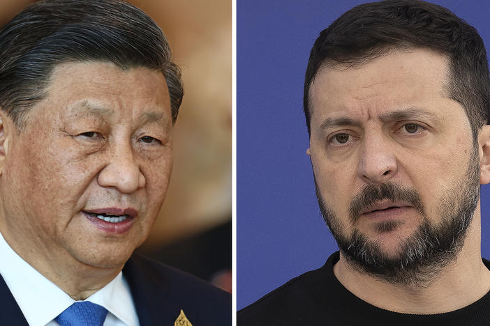 This combination of file photos shows China's President Xi Jinping, taken in Bangkok, Thailand, on Nov. 19, 2022, and Ukrainian President Volodymyr Zelenskyy, taken outside Kyiv, Ukraine, on April 7, 2023. Chinese leader Xi talked Wednesday with Ukrainian President Zelenskyy.