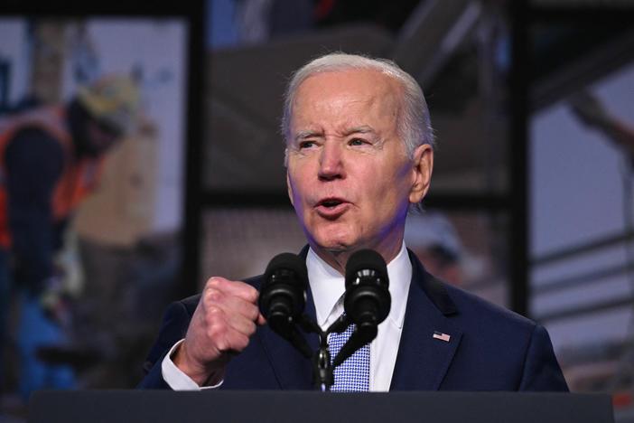 President Joe Biden speaks about the creation of new manufacturing jobs at the Washington Hilton in Washington, D.C. on Tuesday.