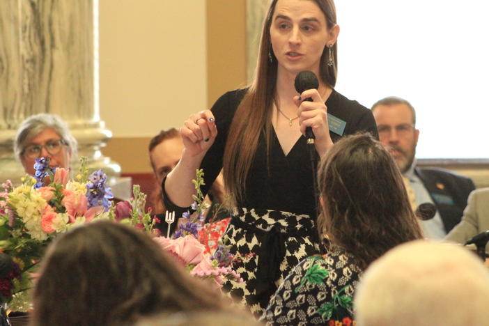 Rep. Zooey Zephyr speaking on the House floor in Helena, Mont., on April 26, 2023 shortly before Republicans voted to formally punish Zephyr by barring her from attending or speaking during House session.