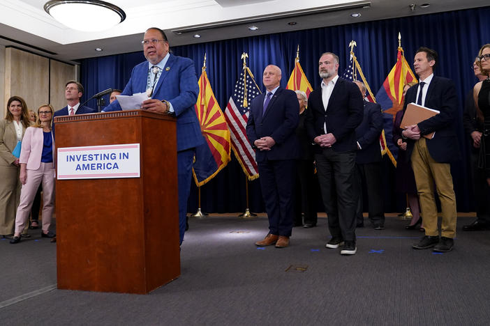Gila River Indian Community Governor Stephen Roe Lewis, backdropped by federal, state and local officials, speaks at the Capitol, Thursday, April 6, 2023, in Phoenix. Lewis was discussing newly announced water conservation funding for Gila River Indian Community and water users across the Colorado River Basin aimed to protect the stability and sustainability of the Colorado River System.