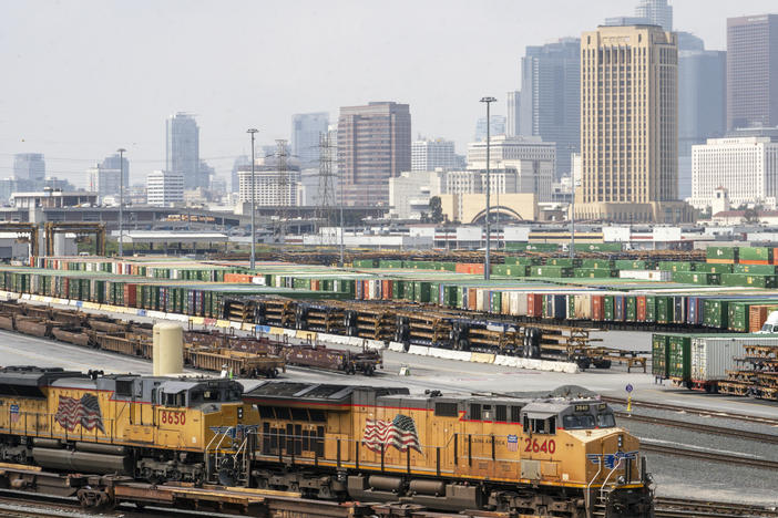 The Los Angeles skyline is seen above the Union Pacific LATC Intermodal Terminal on Tuesday.