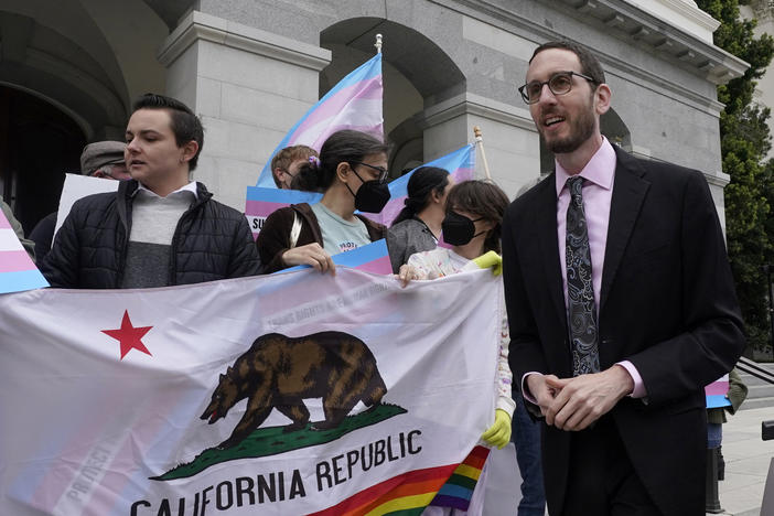 State Sen. Scott Wiener, D-San Francisco is shown ahead of a news conference in Sacramento, Calif., last month. San Francisco is repealing a ban on city-funded travel to 30 states that it says restrict abortion, voting and LGBTQ rights after determining the boycott is doing more harm than good. Wiener, who authored the original ban, agreed that the measure hadn't produced the intended results.
